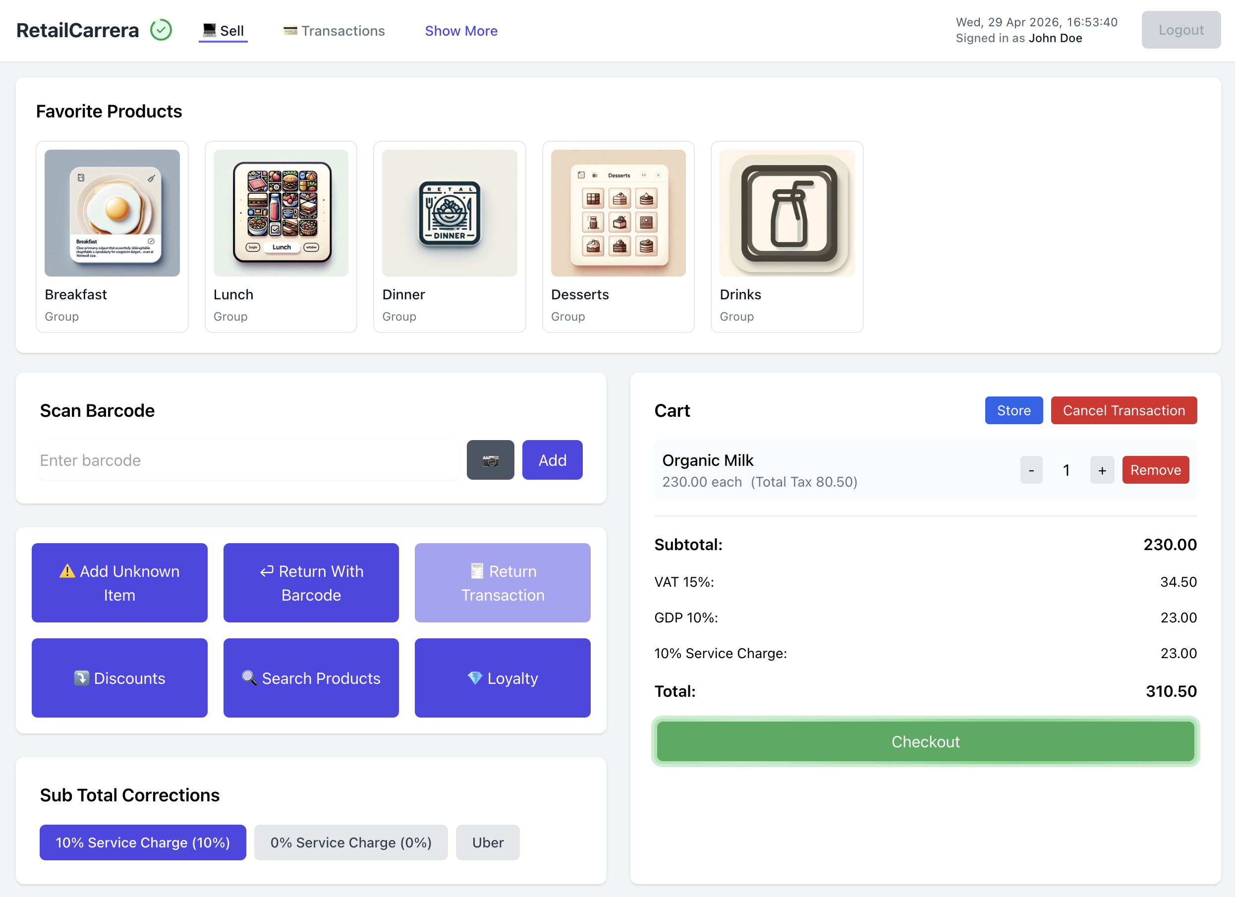 RetailCarrera checkout flow — sell screen with favorites, barcode scan, cart and checkout