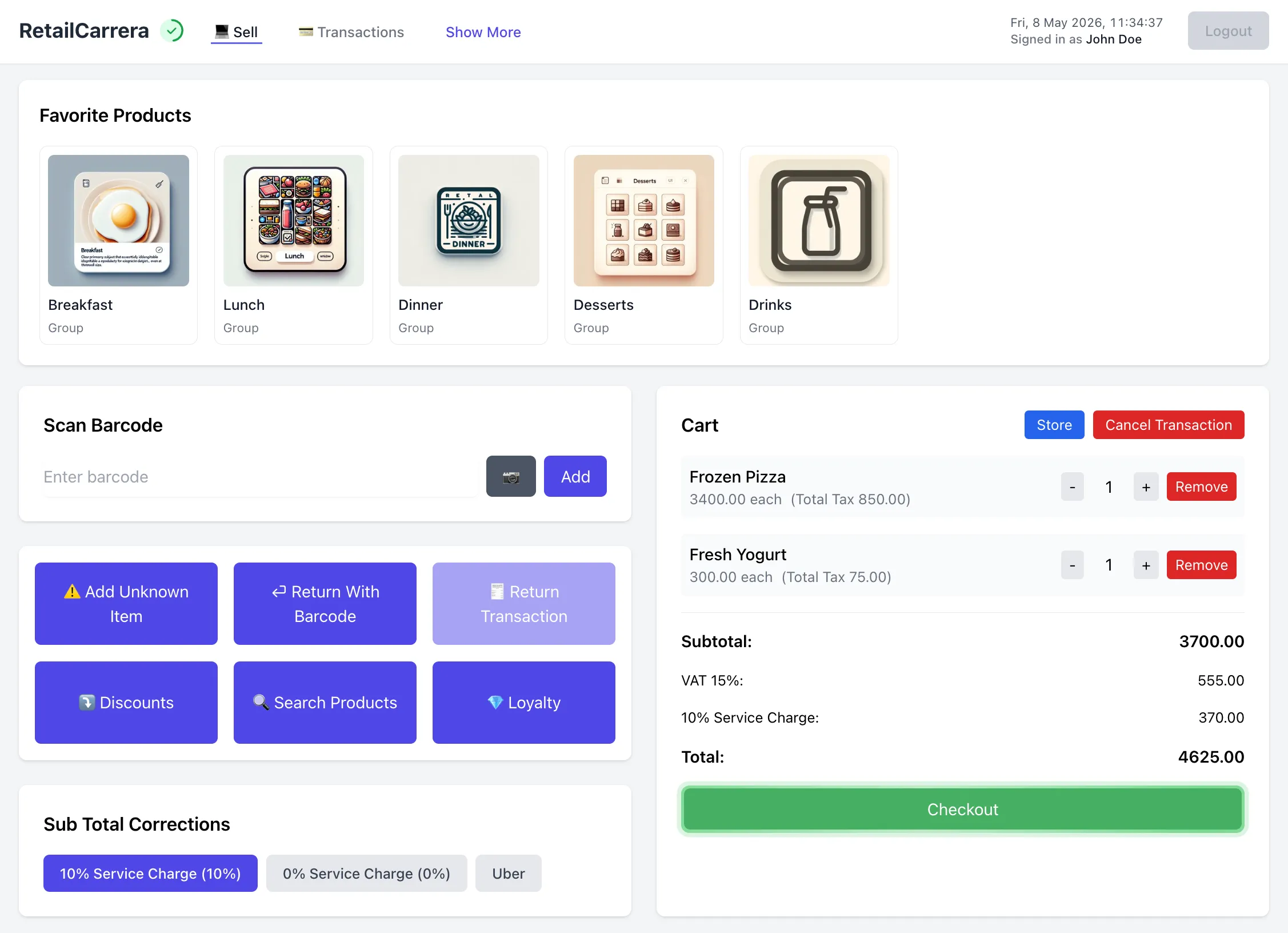 RetailCarrera POS — sell screen with product groups, barcode scanner, cart and checkout
