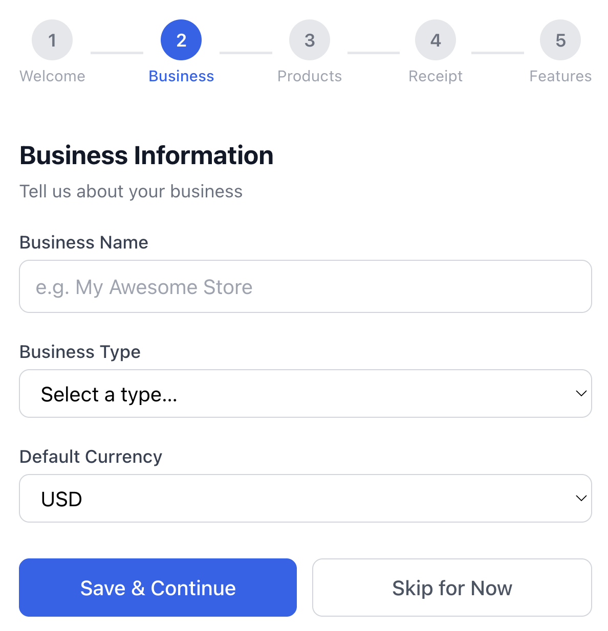 RetailCarrera store setup — business information onboarding with name, type and currency