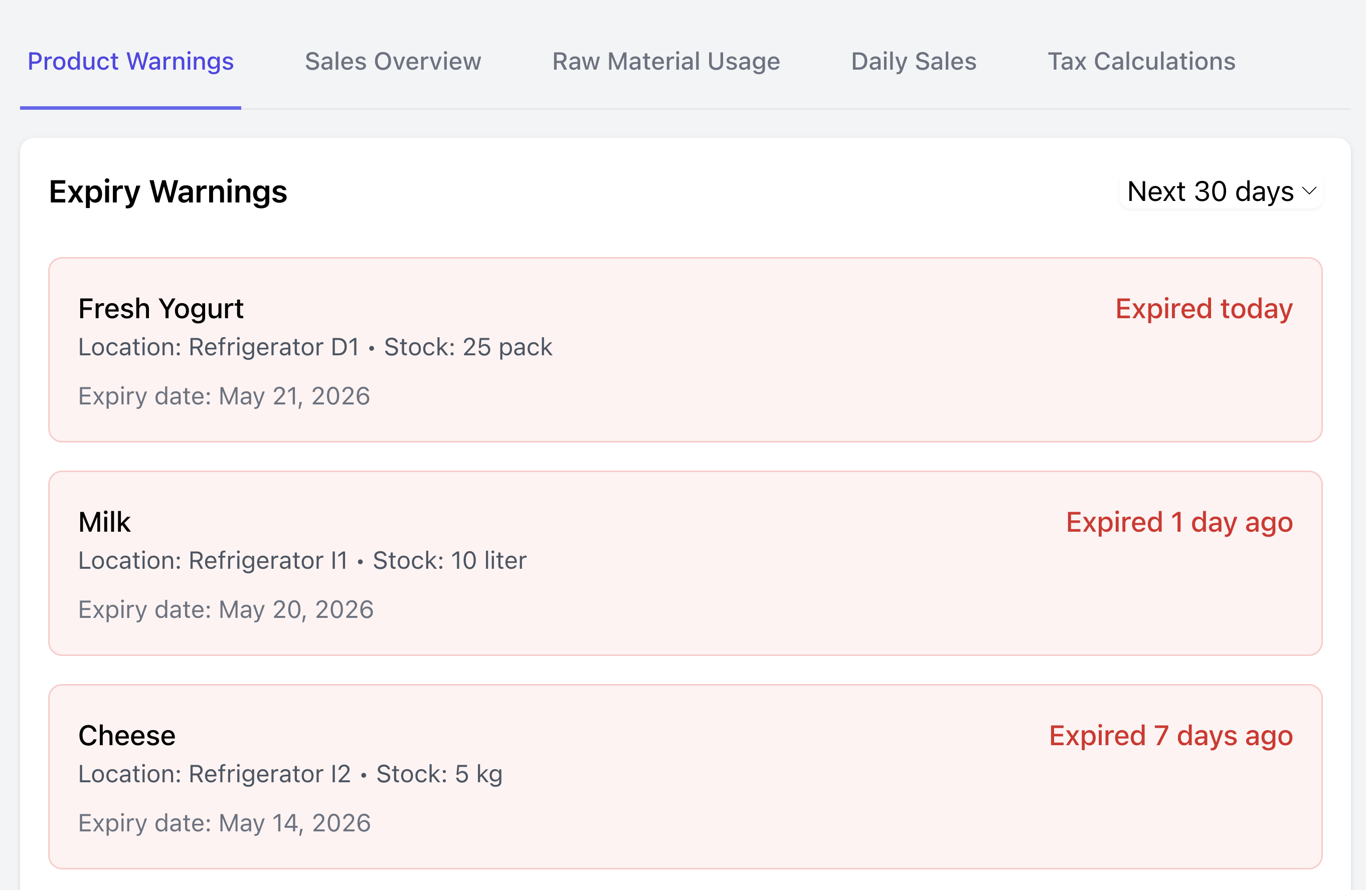 RetailCarrera inventory management — expiry warnings, stock levels and product alerts