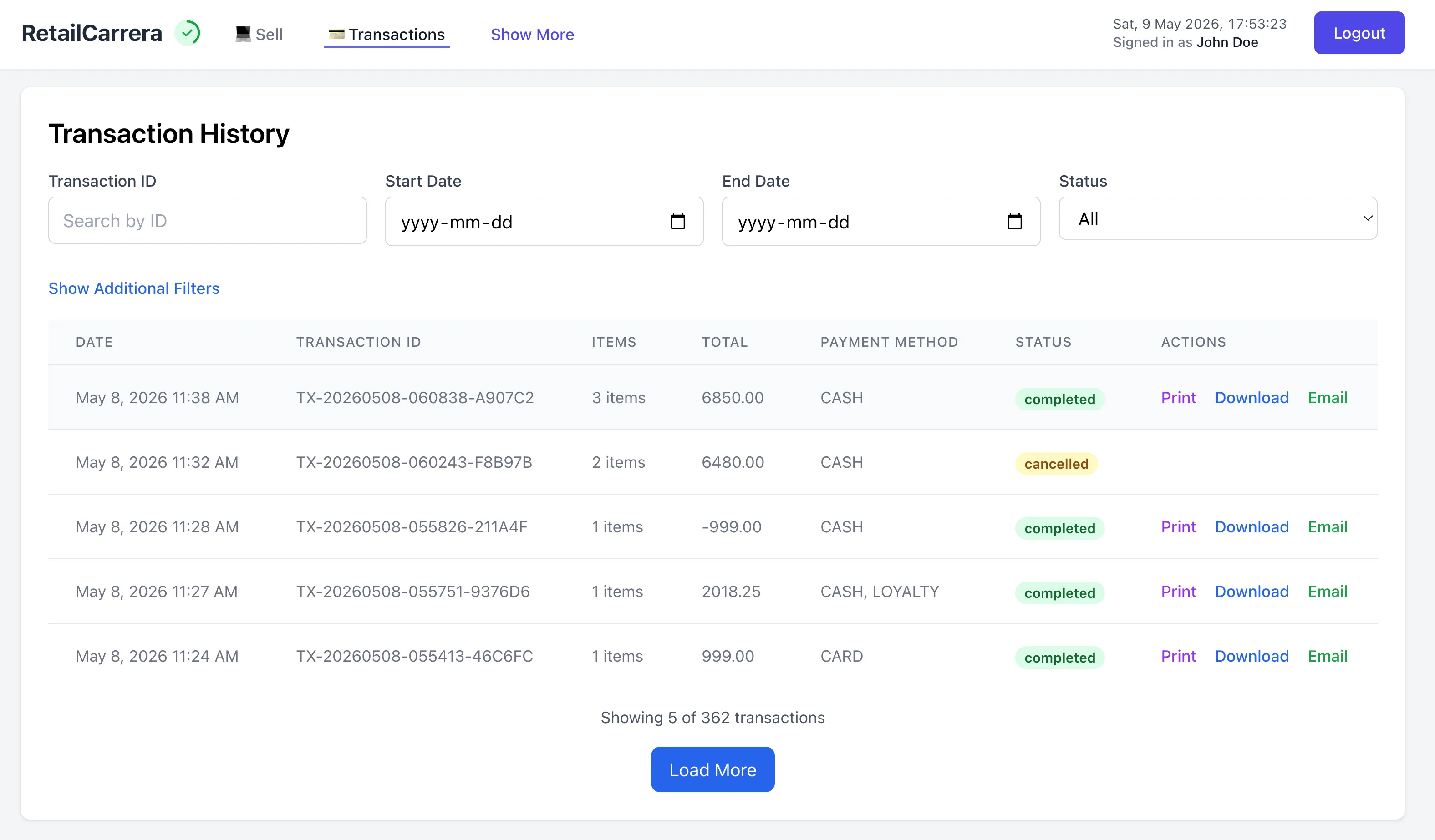 RetailCarrera transaction history with search and filters